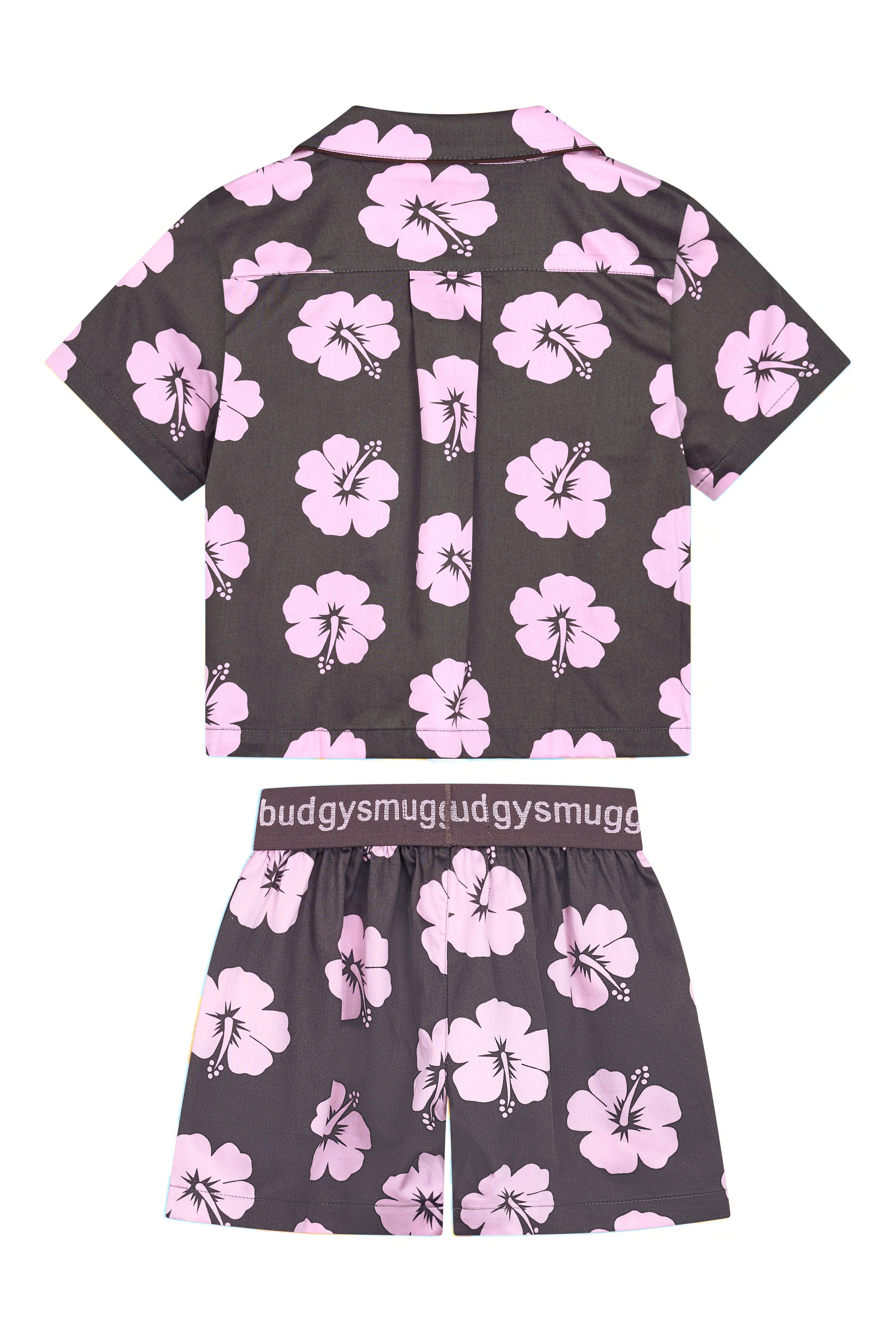 Kids Pyjama Set in Brown and Pink Hibiscus - Image 3