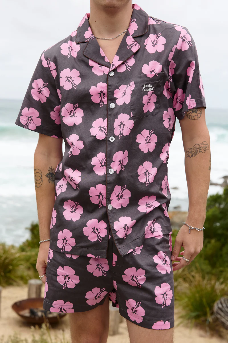 Men's Pyjama Set in Brown and Pink Hibiscus - Image 2