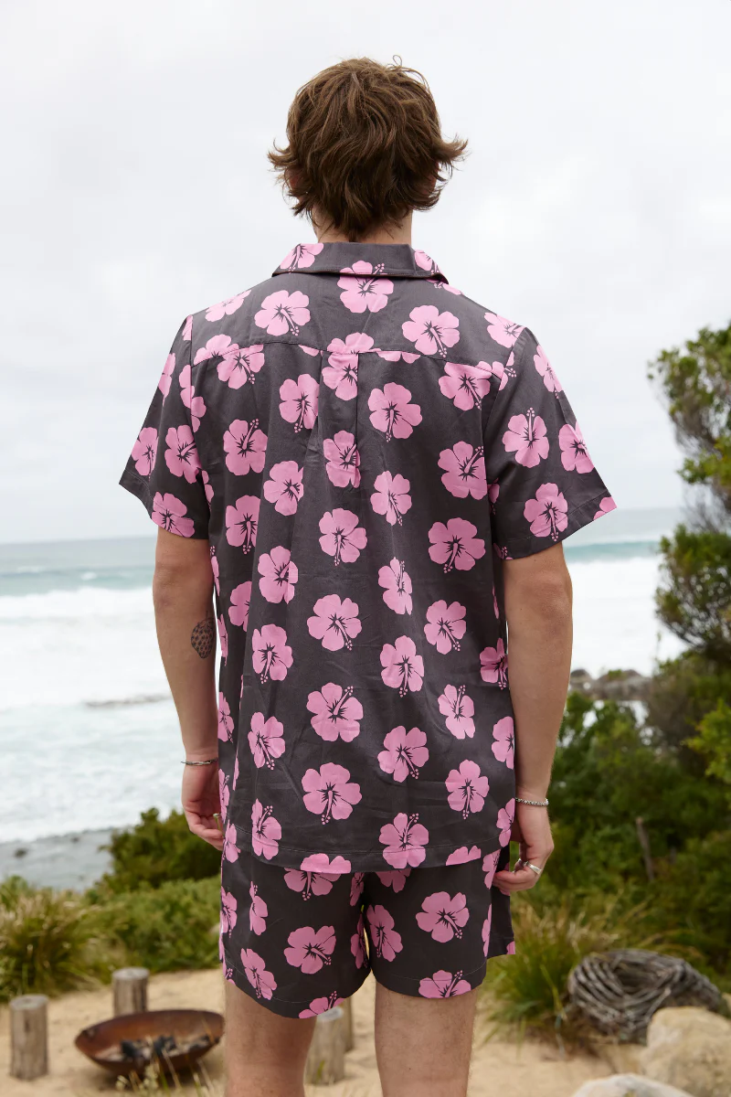 Men's Pyjama Set in Brown and Pink Hibiscus - Image 4