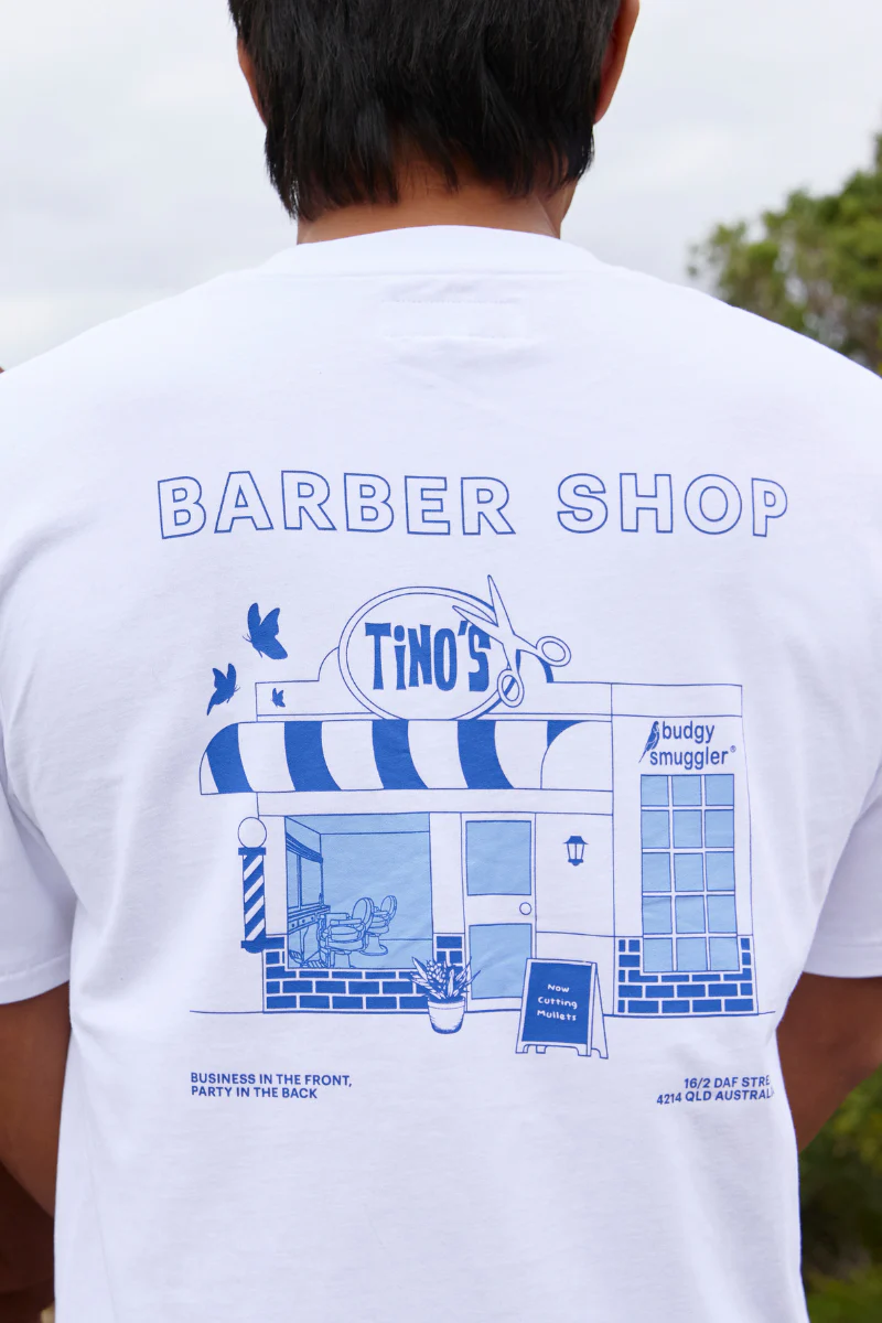White Tee with Tino Barbershop - Image 3