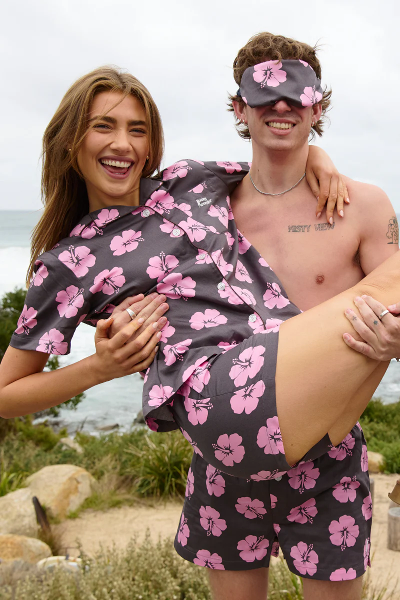 Women's Pyjama Set in Brown and Pink Hibiscus - Image 2